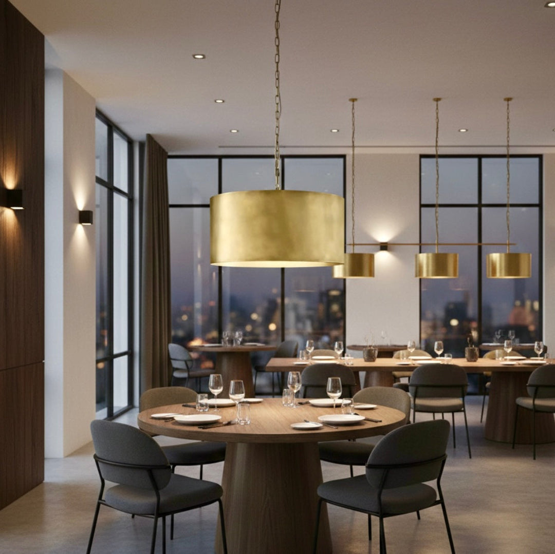 Pair of modern Moroccan brass hanging lamps over a marble dining table with navy blue velvet chairs.