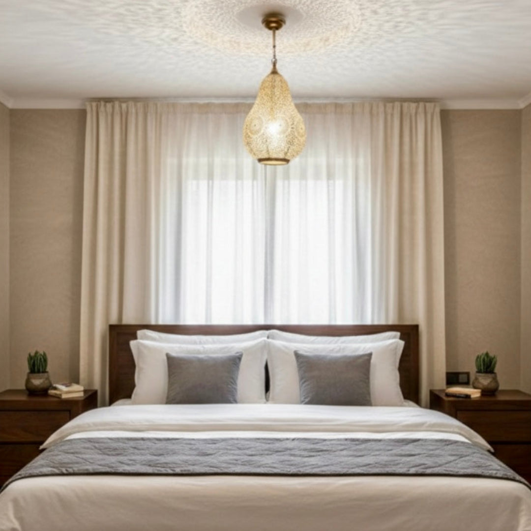 Authentic Moroccan lamp projecting beautiful geometric light patterns and shadows across a room's ceiling and walls.