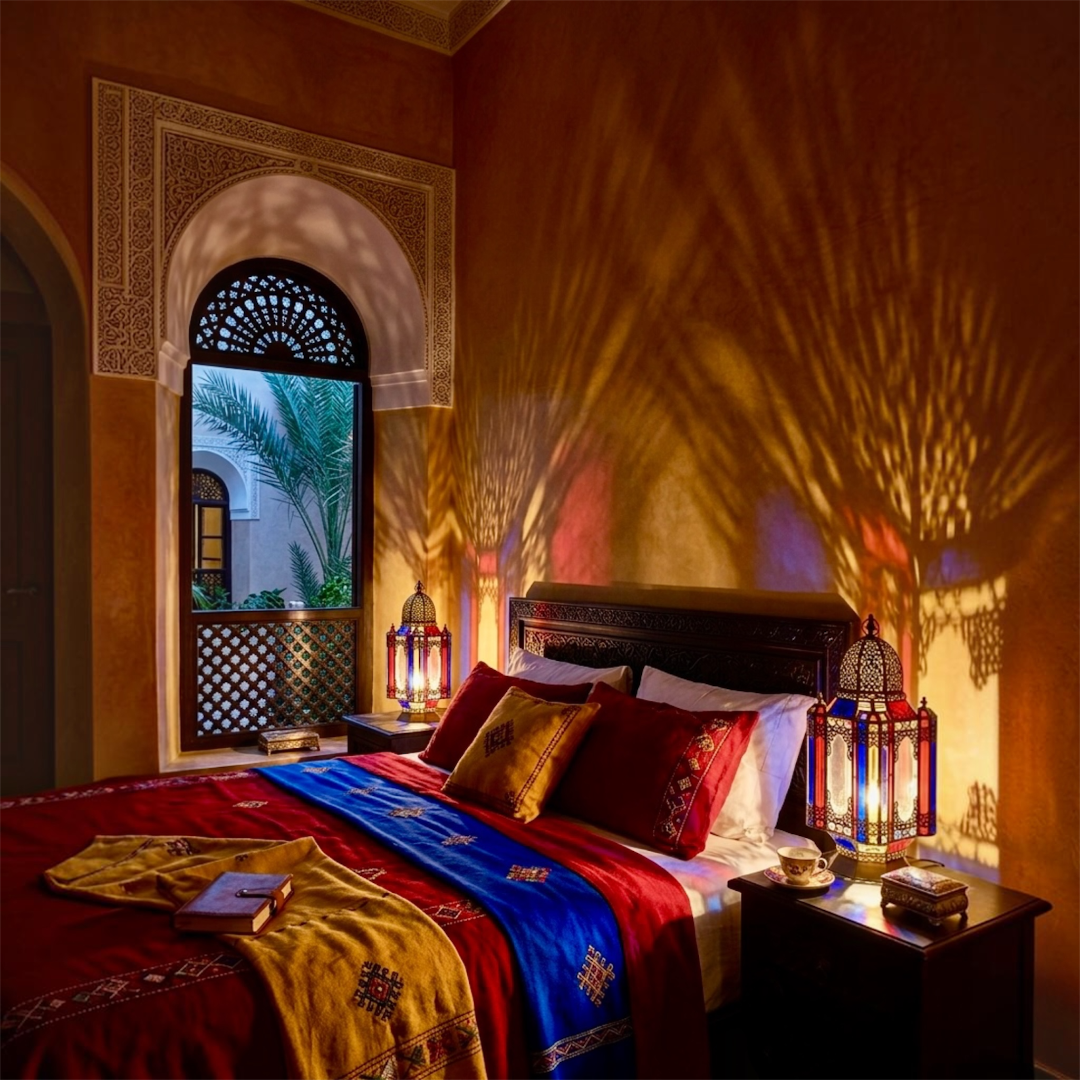 Pair of traditional Moroccan brass lanterns casting intricate geometric light patterns in a luxury bohemian bedroom setup.