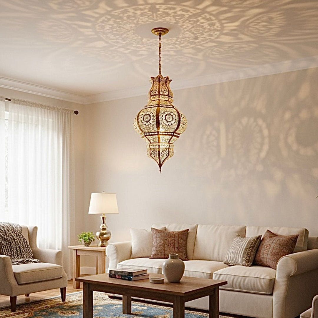 Decorative Moroccan brass pendant lamp illuminating a modern, cozy living room with soft, intricate geometric shadows on the ceiling.