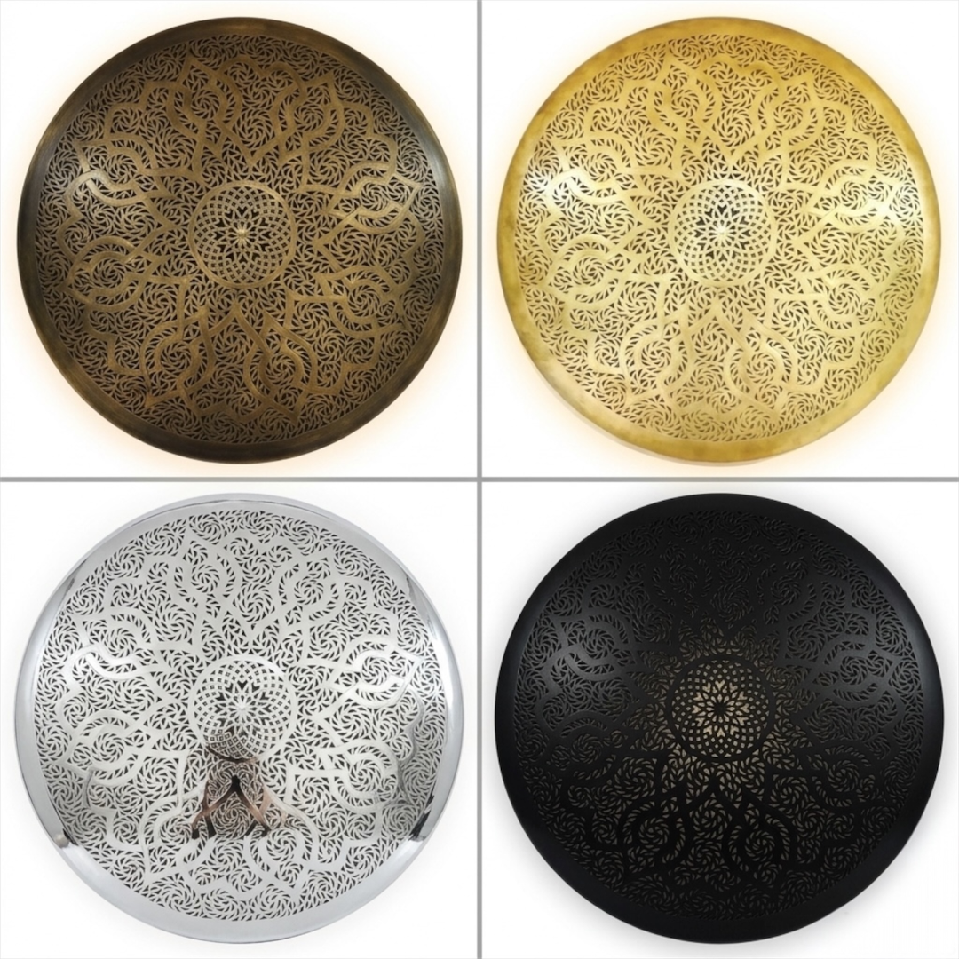 ⁠Four color finish options for the round Moroccan brass wall lamp including antique bronze, gold, silver chrome, and matte black.⁠