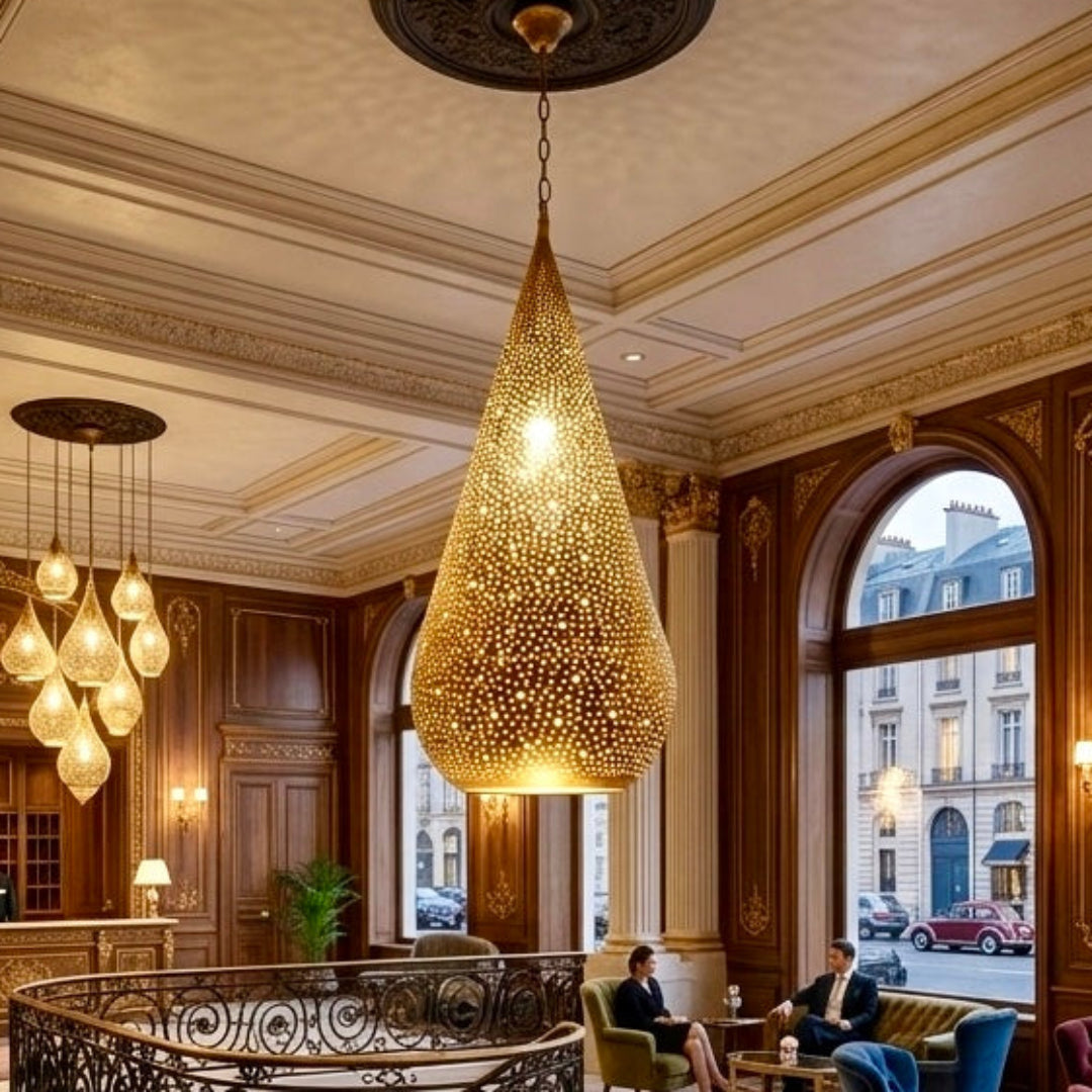 Elegant handcrafted Moroccan brass chandelier in a classic luxury hotel lobby featuring ornate wood paneling and marble floors.