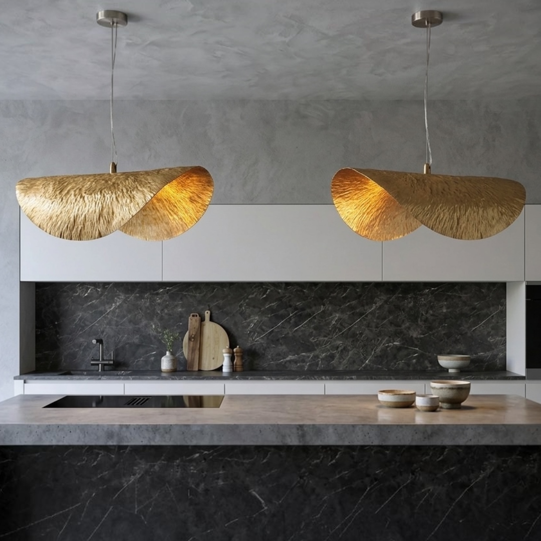 Two handcrafted modern brass pendant lights installed over a concrete kitchen island against grey textured walls