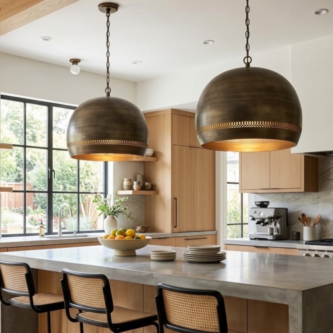 Pair of modern Moroccan handcrafted brass dome pendant lamps hanging over a kitchen island in a luxurious interior