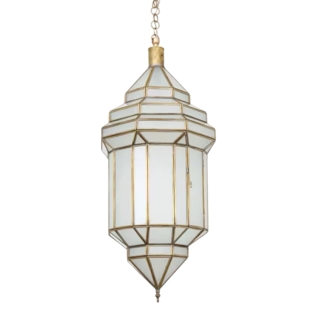 Premium handcrafted Moroccan brass pendant lamp, high-quality artisanal metalwork and glass design.