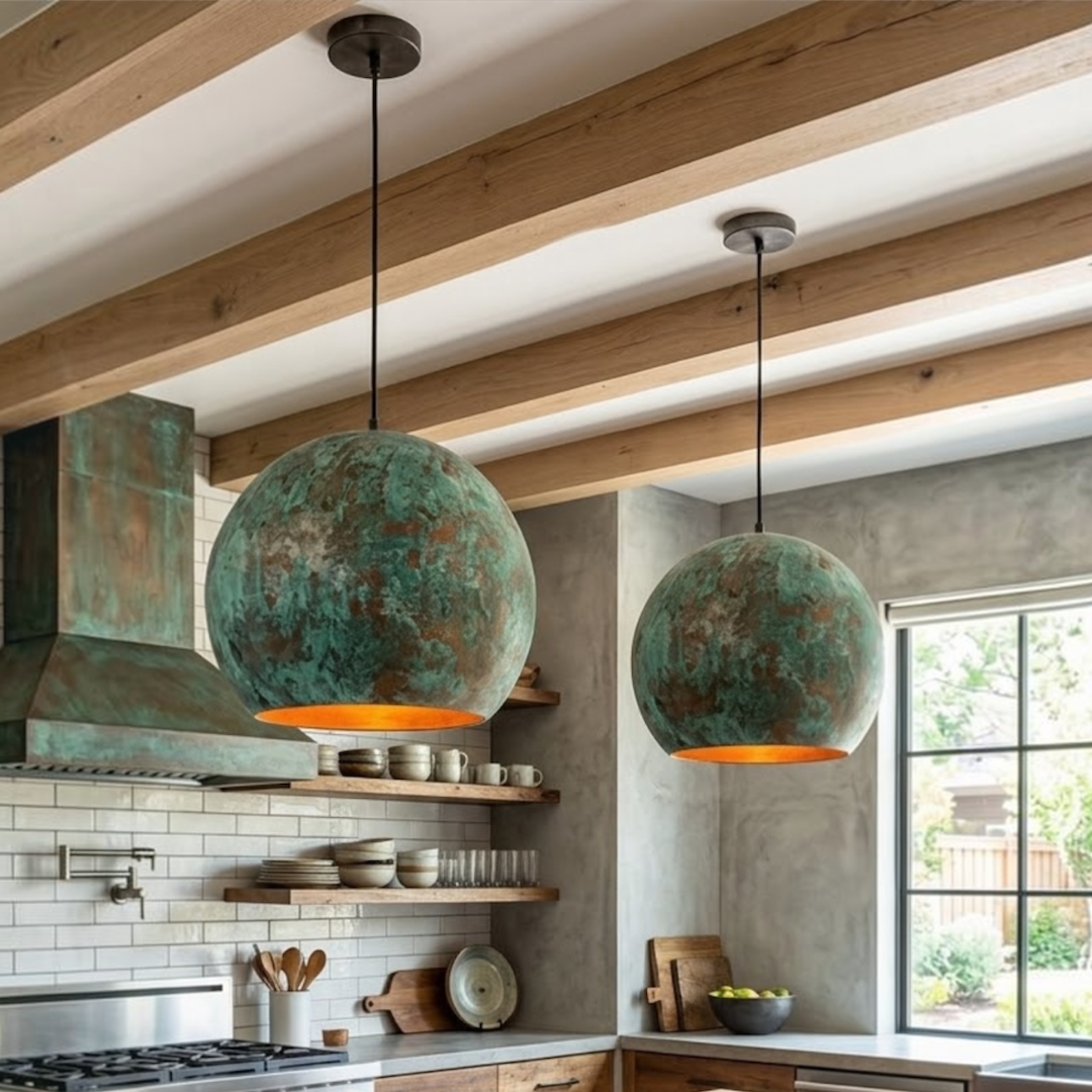 Moroccan handcrafted patina copper dome lamps installed over a rustic wooden kitchen island with matching copper range hood