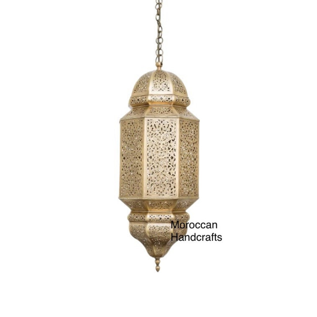 Detailed close-up of a handmade brass Moroccan lamp showing the artisanal craftsmanship and perforated metalwork.