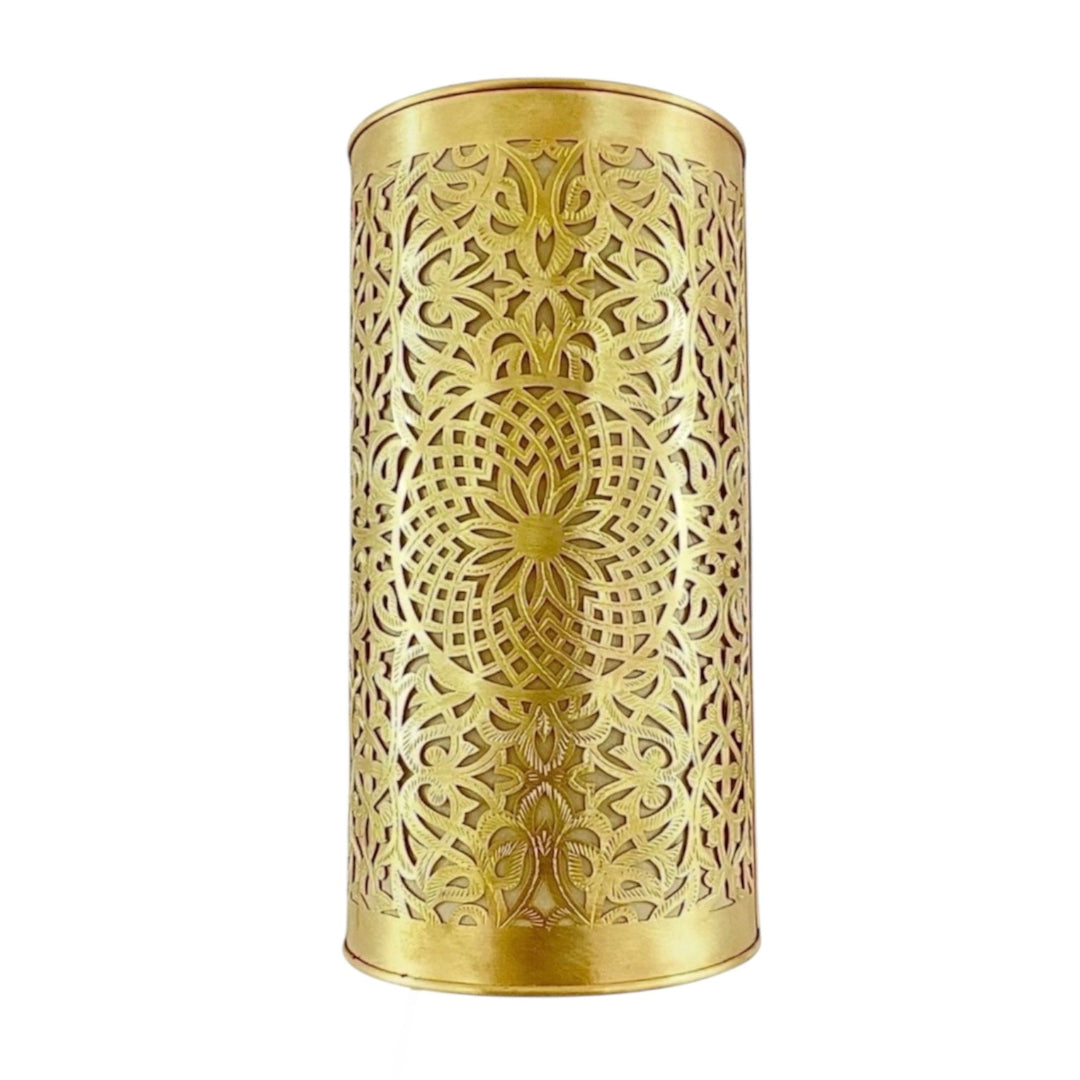 A single handmade Moroccan brass wall lamp fixture with detailed filigree cutouts, displayed on a plain white background.