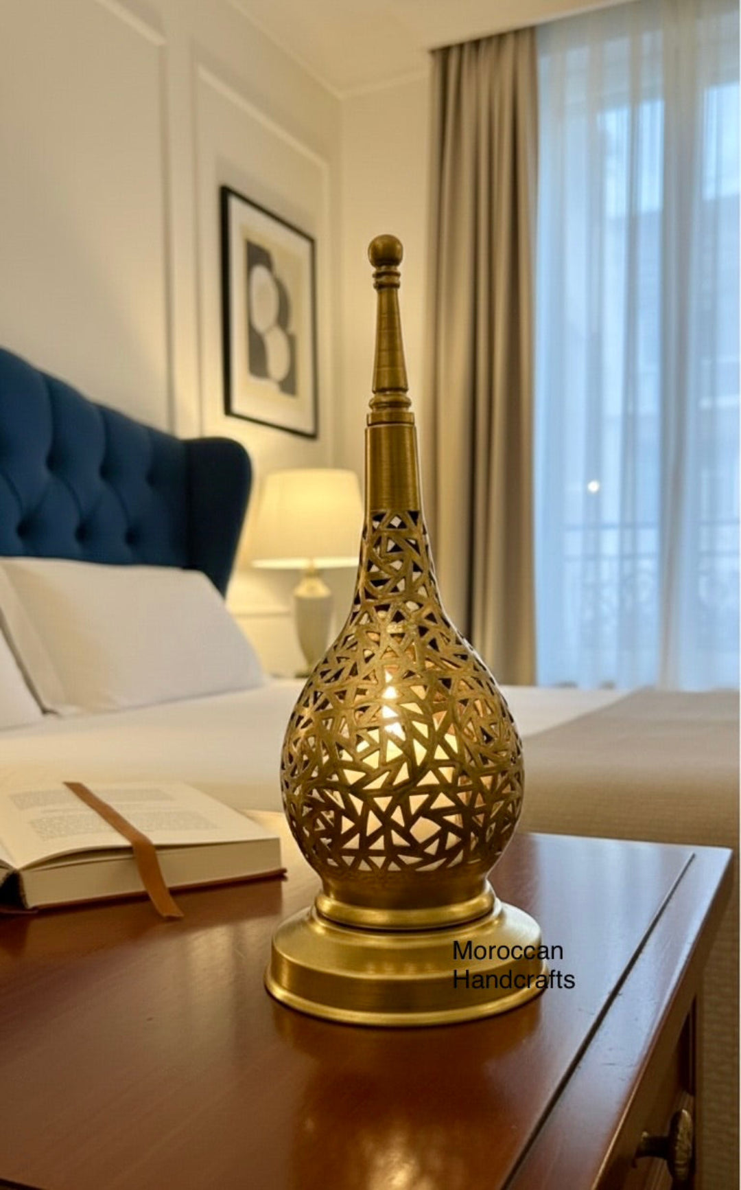 Moroccan brass lamp used as a centerpiece for elegant home decor and mood lighting.