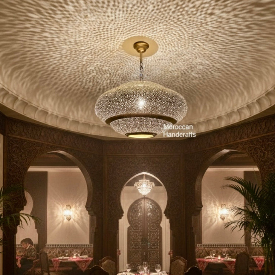 Detailed view of hand-engraved perforations on a high-quality Moroccan brass lamp.